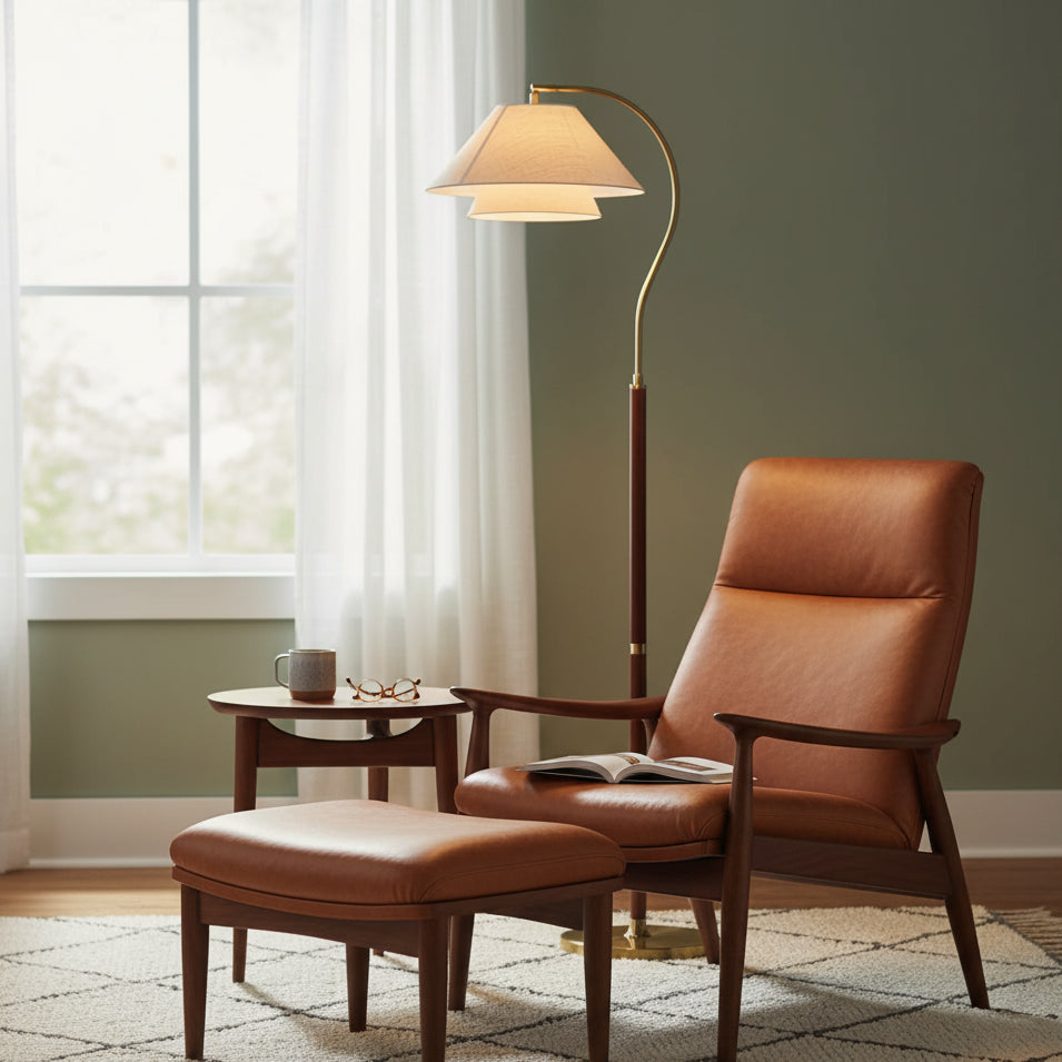 Brown floor lamp with curved arm, beige double shade and gold-tone base