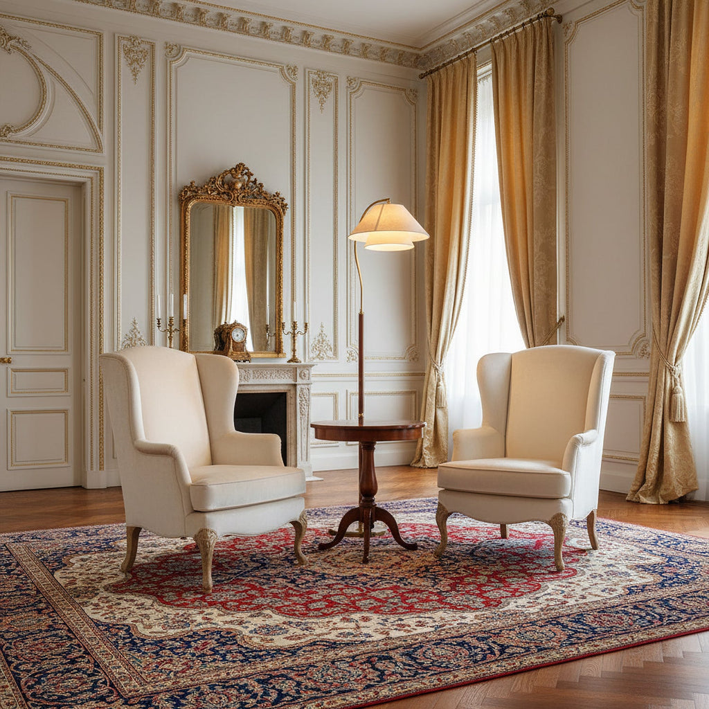 Brown floor lamp with curved arm, beige double shade and gold-tone base