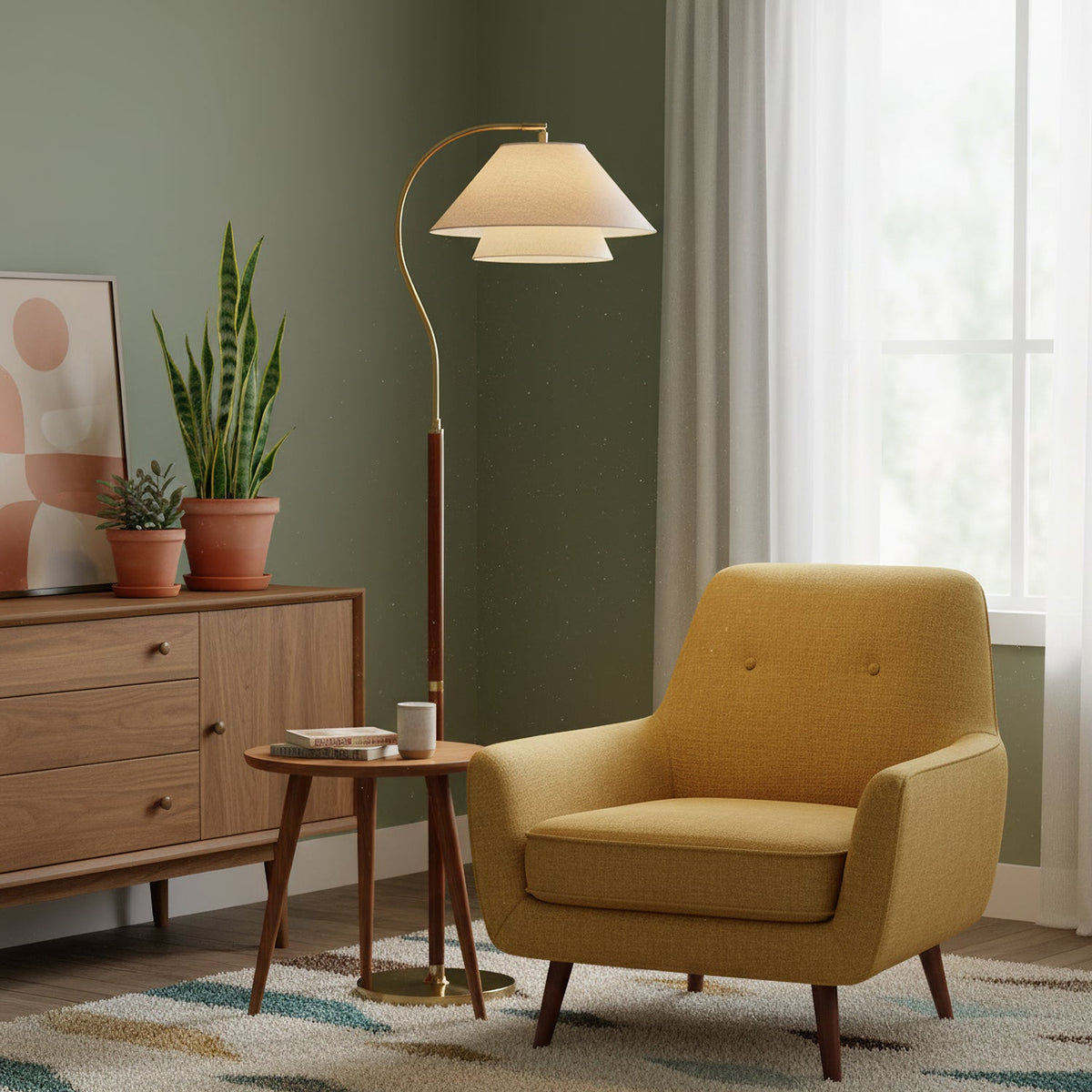 Brown floor lamp with curved arm, beige double shade and gold-tone base