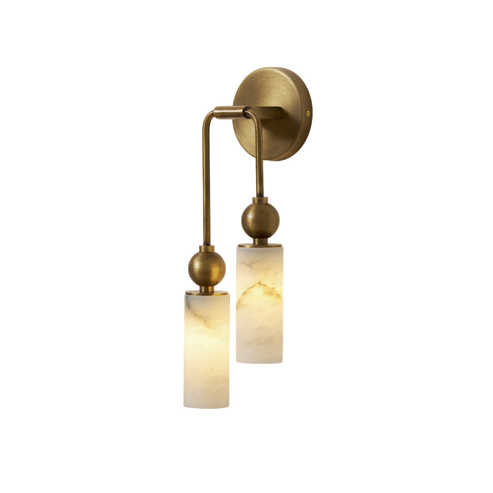 Double brass-tone wall lamp with two alabaster cylindrical shades