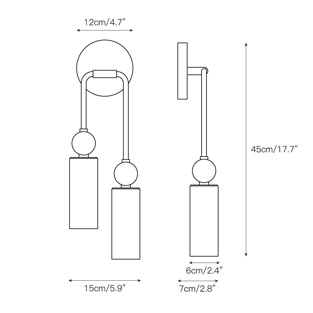 Double brass-tone wall lamp with two alabaster cylindrical shades