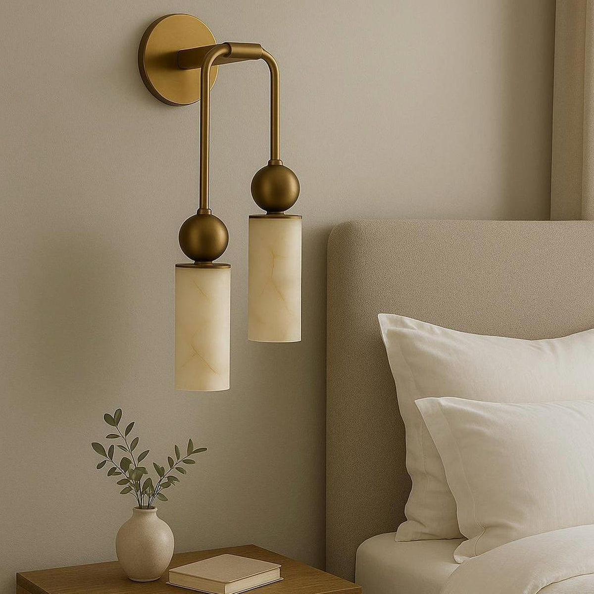 Double brass-tone wall lamp with two alabaster cylindrical shades