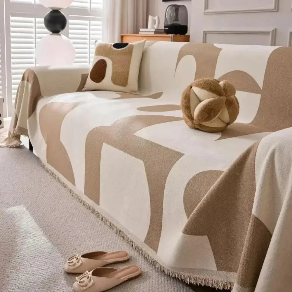Soft geometric chenille sofa throw cover with fringed edge