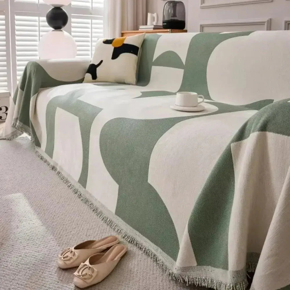 Soft geometric chenille sofa throw cover with fringed edge
