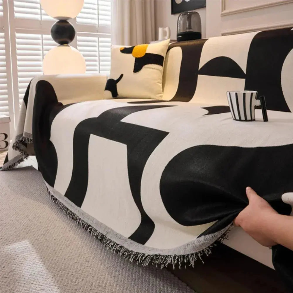 Soft geometric chenille sofa throw cover with fringed edge