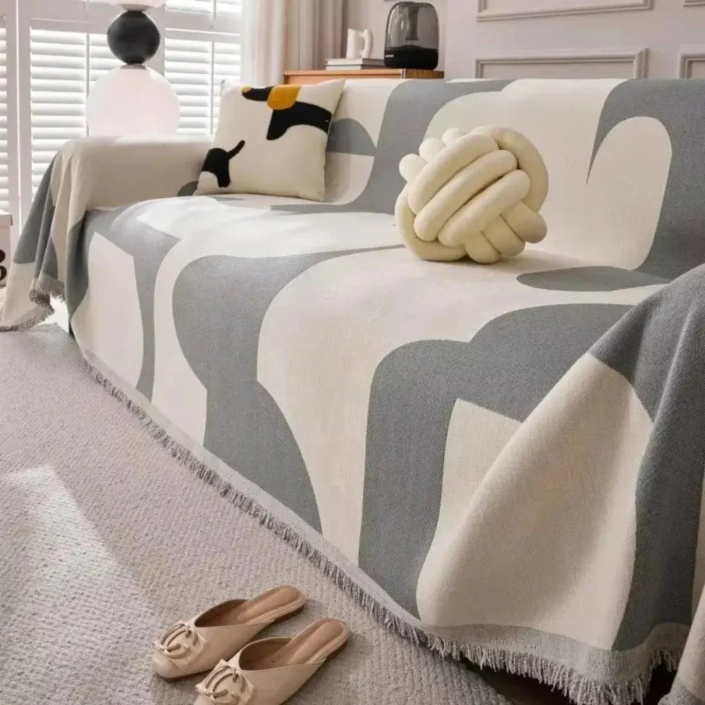 Soft geometric chenille sofa throw cover with fringed edge