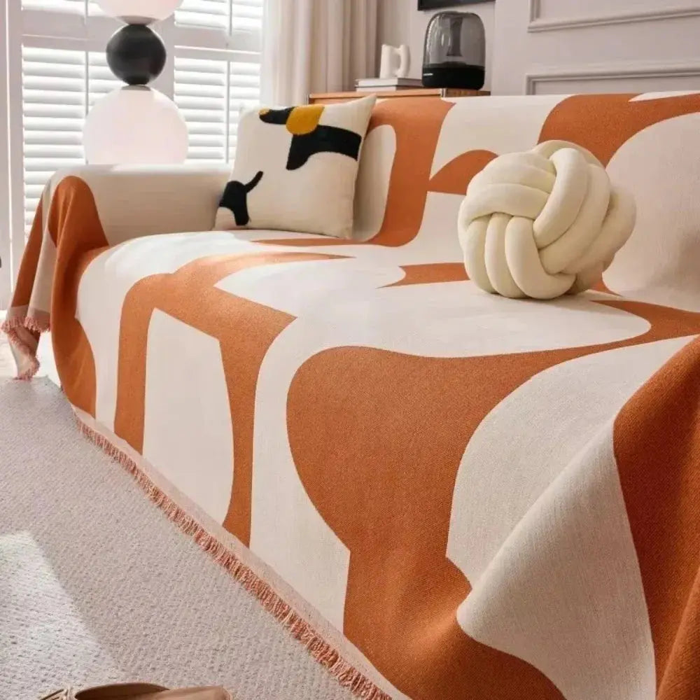 Soft geometric chenille sofa throw cover with fringed edge
