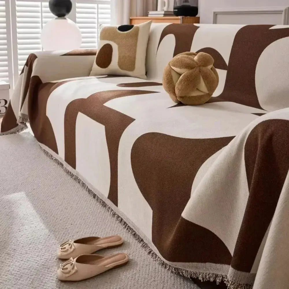 Soft geometric chenille sofa throw cover with fringed edge