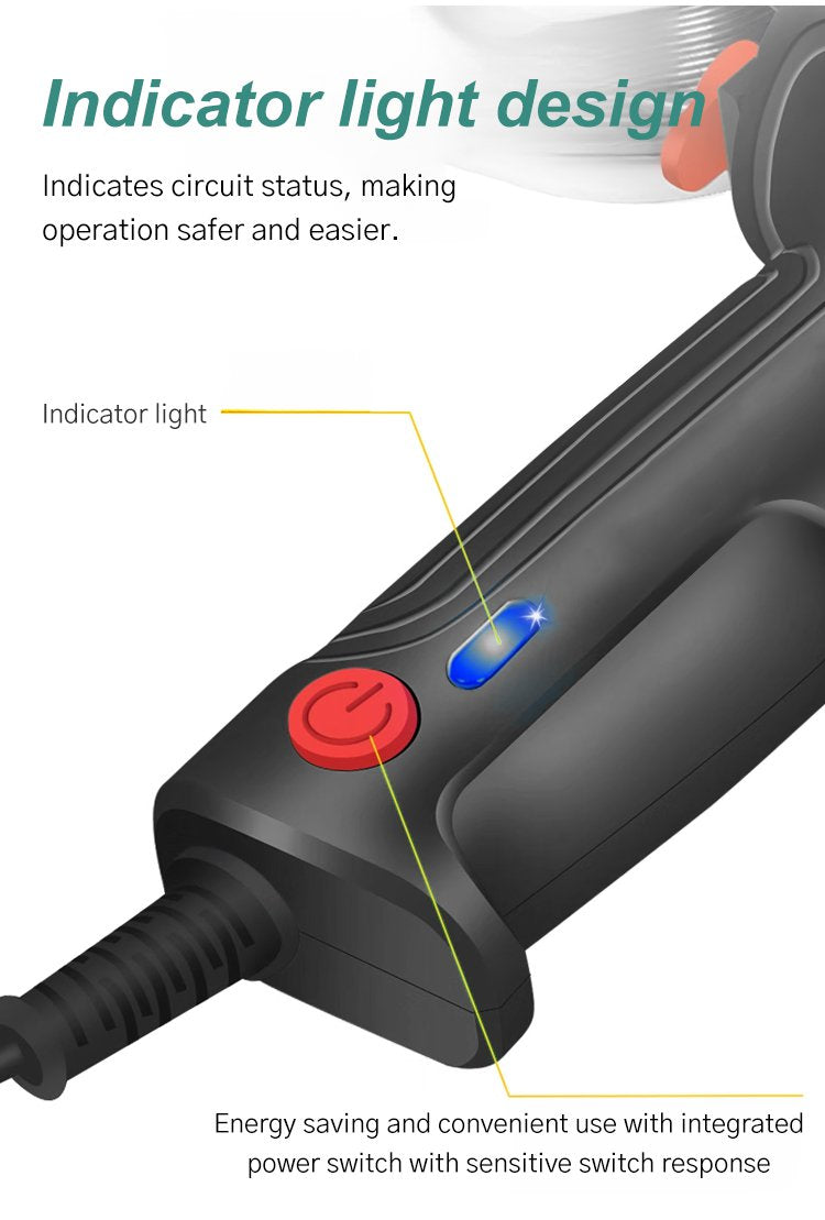 Black corded soldering iron with solder spool, stand and blue indicator light