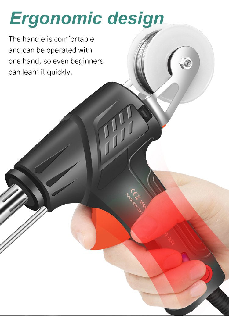 Black corded soldering iron with solder spool, stand and blue indicator light