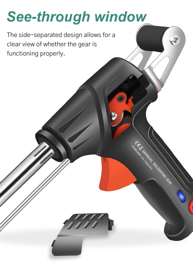 Black corded soldering iron with solder spool, stand and blue indicator light