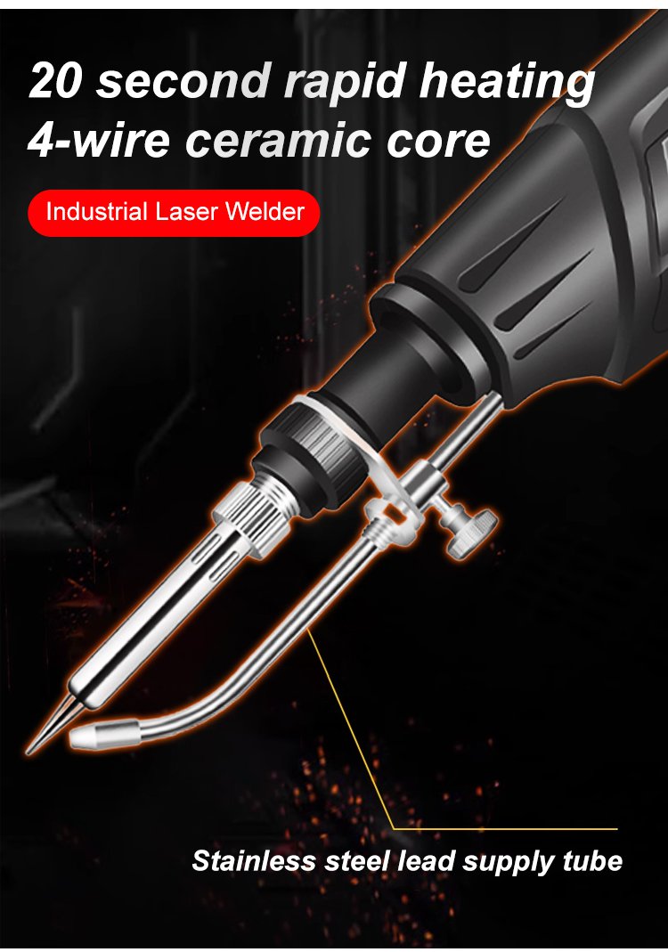 Black corded soldering iron with solder spool, stand and blue indicator light