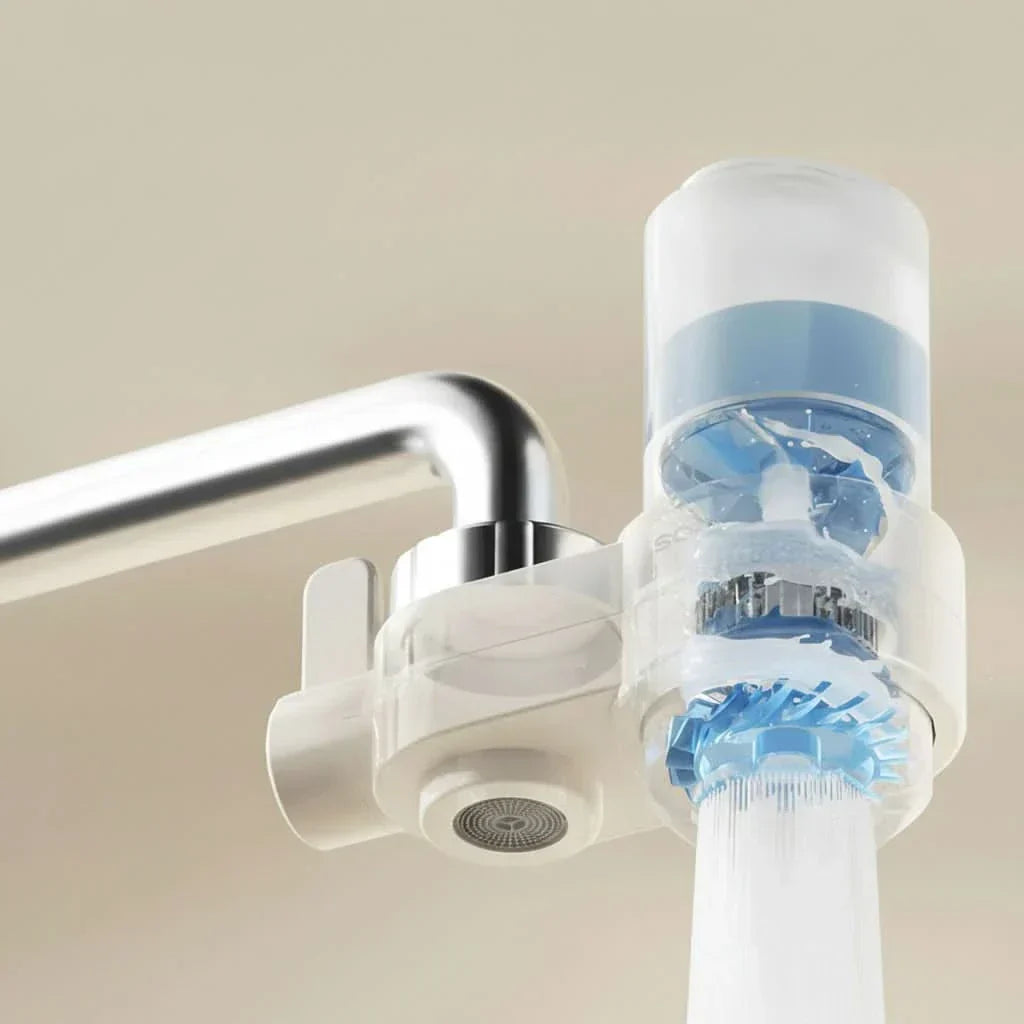 White faucet-mounted soap dispenser with integrated sponge holder
