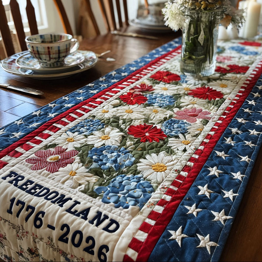 Quilted patriotic patchwork table runner with floral and star panels