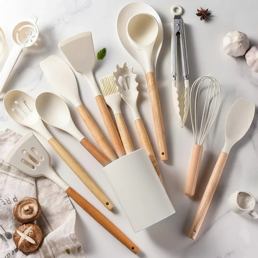Silicone kitchen utensil set with wooden-effect handles and holder