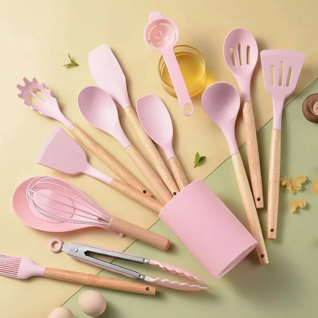 Silicone kitchen utensil set with wooden-effect handles and holder