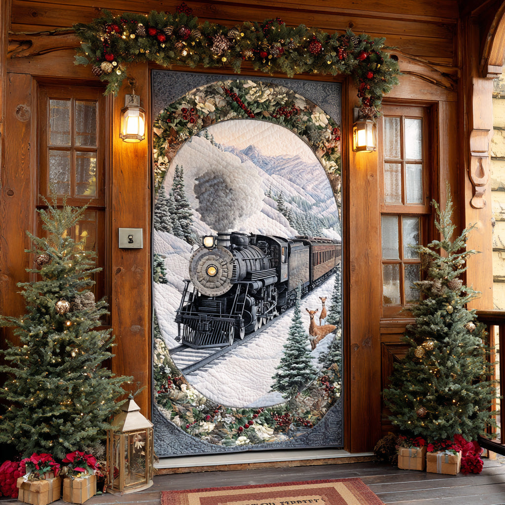 Quilted door cover with a winter steam train scene and snowy mountain landscape