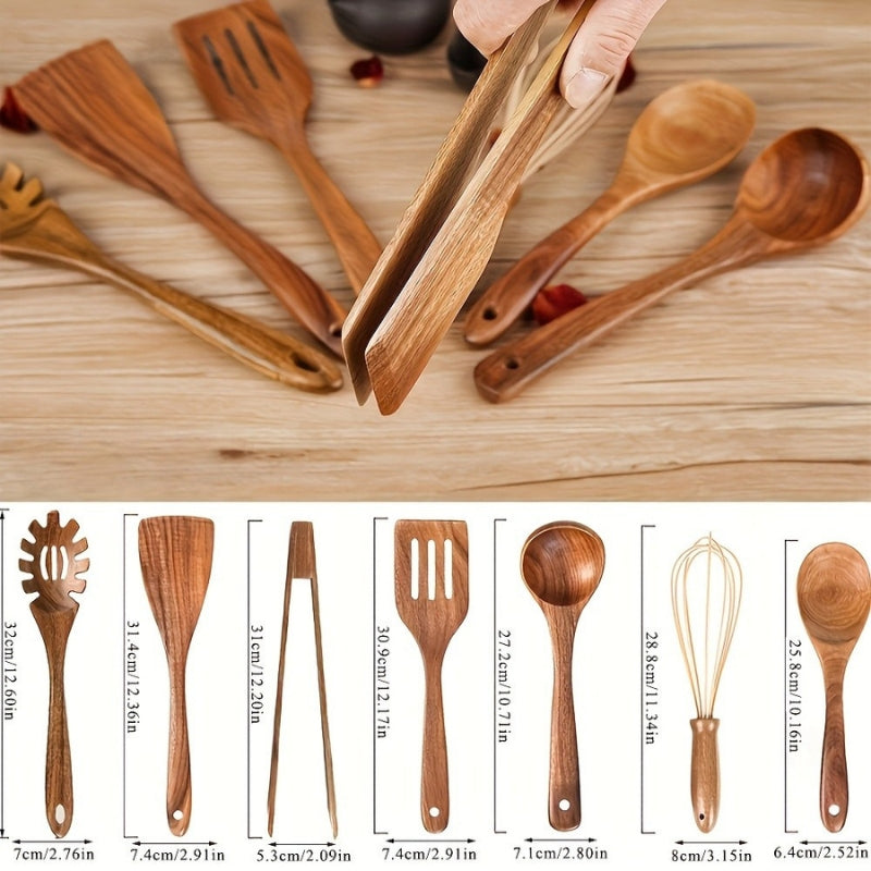 Seven-piece brown wooden kitchen utensil set with spoons, spatulas, tongs and whisk