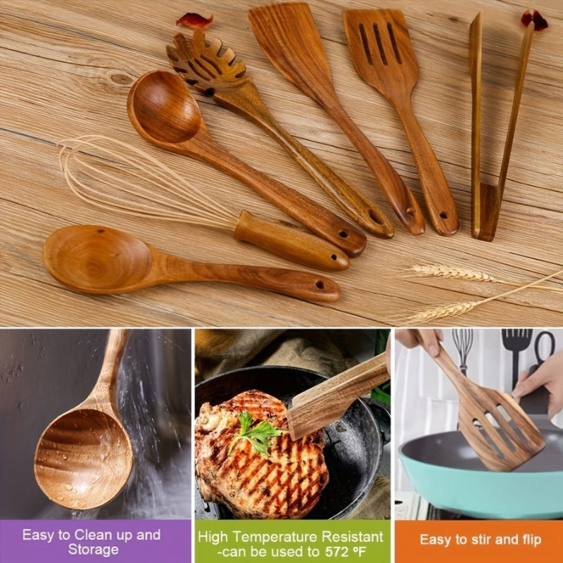 Seven-piece brown wooden kitchen utensil set with spoons, spatulas, tongs and whisk