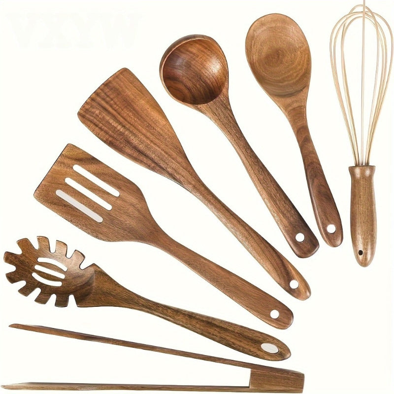 Seven-piece brown wooden kitchen utensil set with spoons, spatulas, tongs and whisk