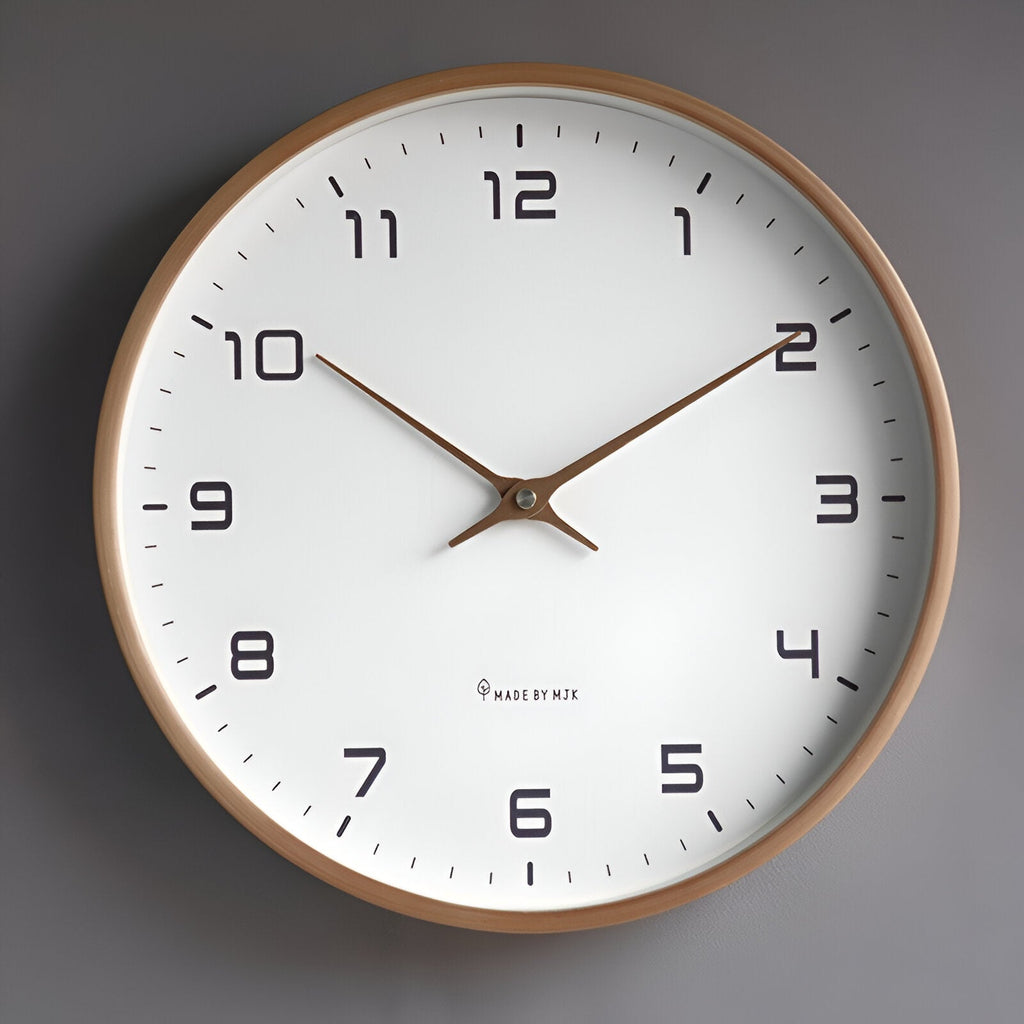 Round analogue wall clock with bold numerals and wood-effect frame