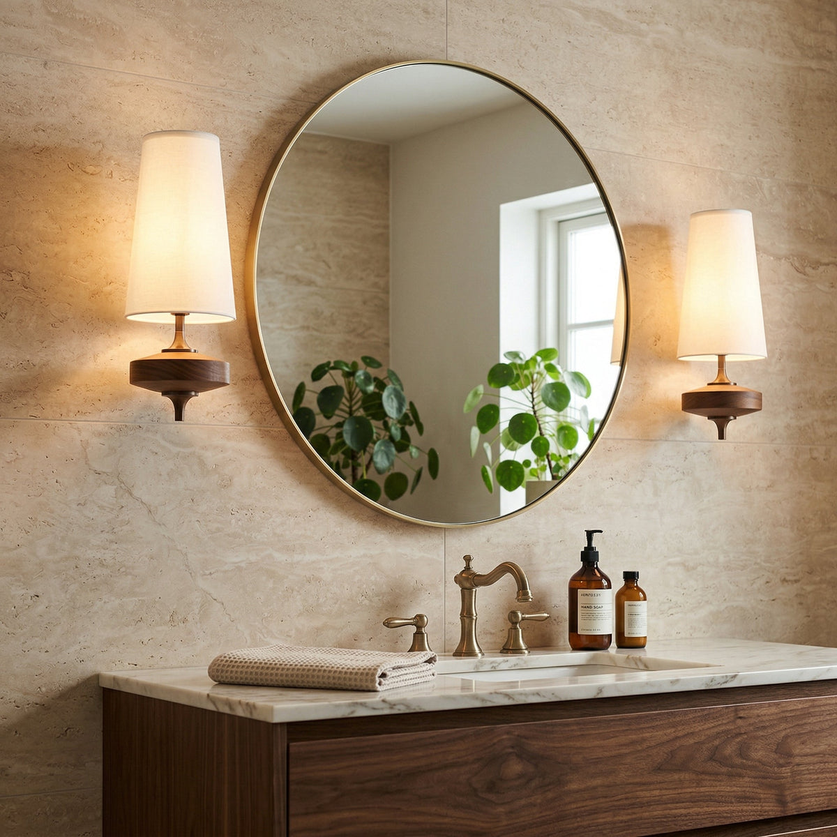 Double wall lamp with tapered shades, wood-effect bodies and central metal mount