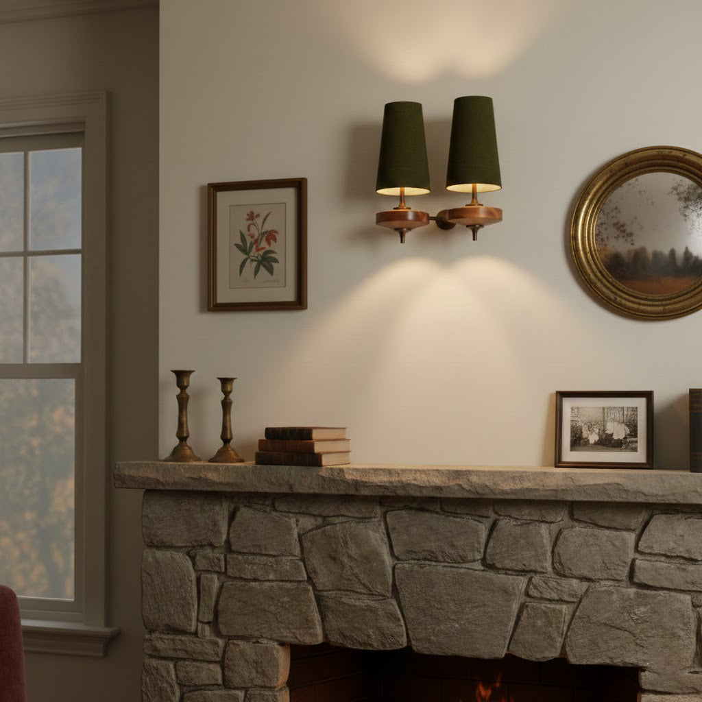 Double wall lamp with tapered shades, wood-effect bodies and central metal mount