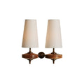 Double wall lamp with tapered shades, wood-effect bodies and central metal mount