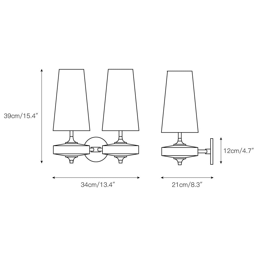 Double wall lamp with tapered shades, wood-effect bodies and central metal mount
