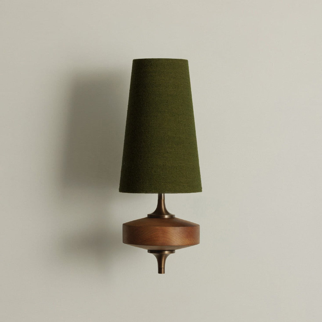Double wall lamp with tapered shades, wood-effect bodies and central metal mount