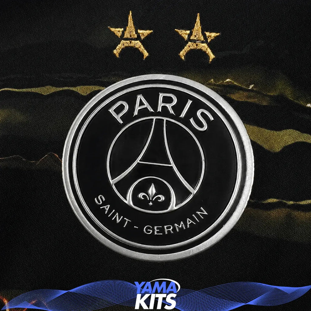 Black Paris football jersey with abstract gold print and short sleeves