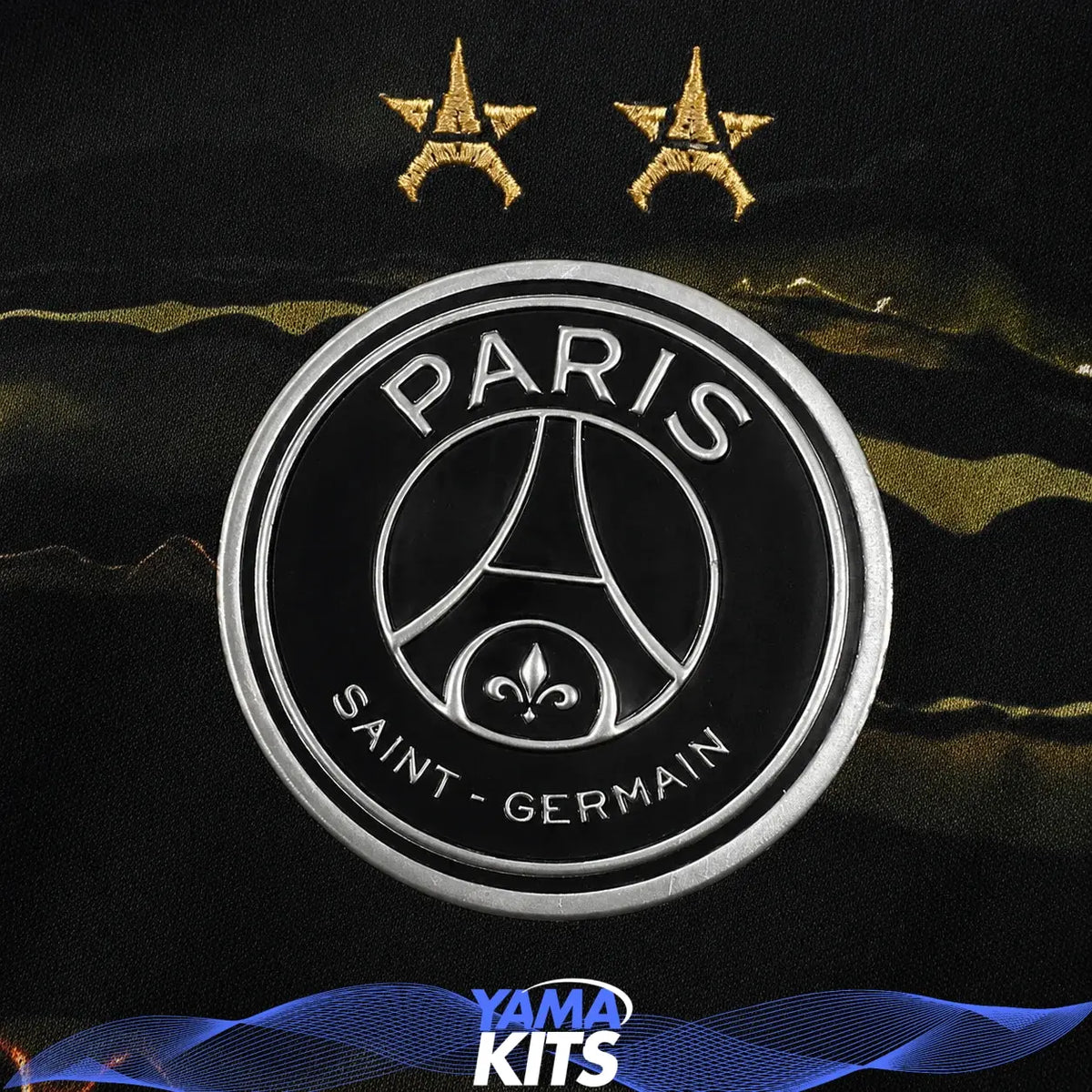 Black Paris football jersey with abstract gold print and short sleeves