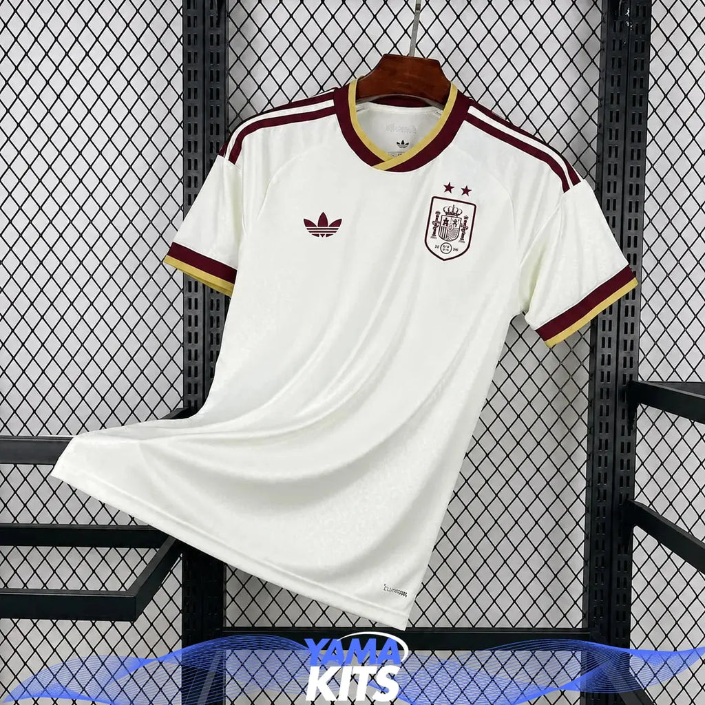 White Spain away football shirt with burgundy and gold trim and two-star crest