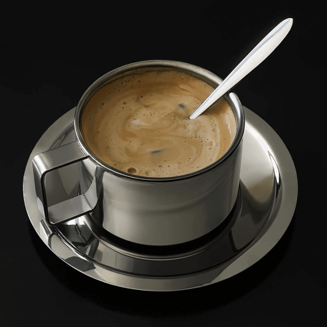 Silver steel latte coffee cup with matching saucer and spoon