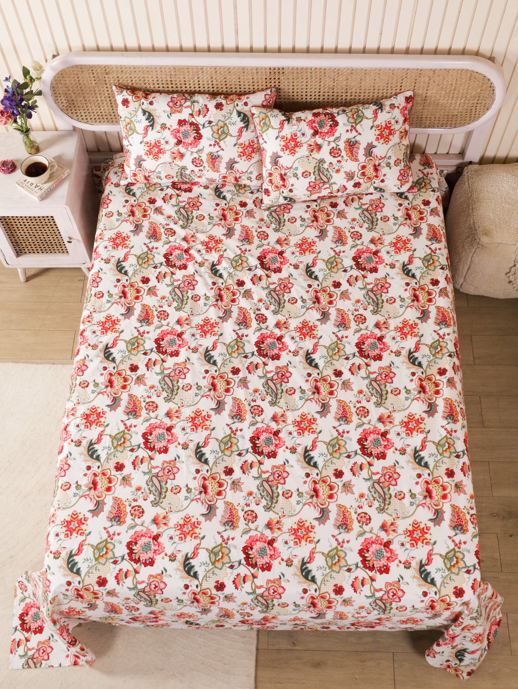 Cream floral bedsheet with matching quilted pillow covers