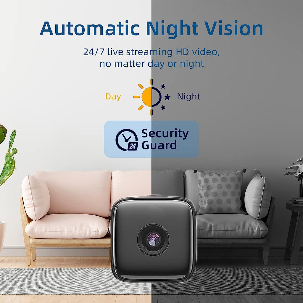 Compact black Wi-Fi security camera with front-facing lens