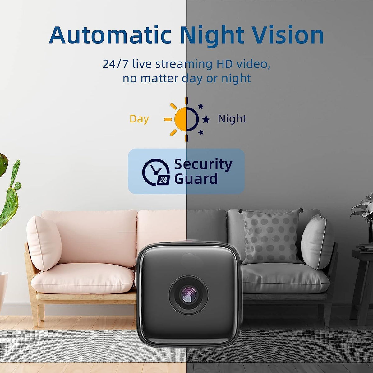 Compact black Wi-Fi security camera with front-facing lens