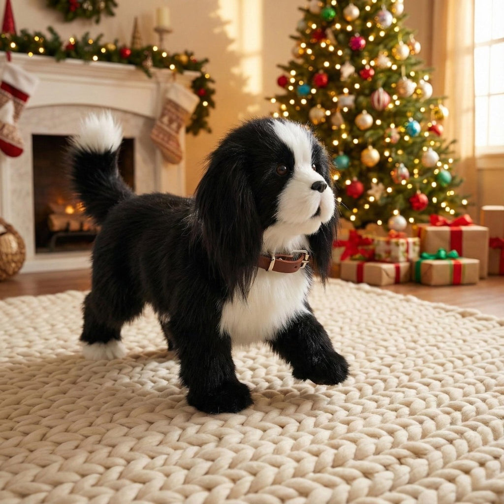 Black and white electronic walking and barking toy dog with brown collar