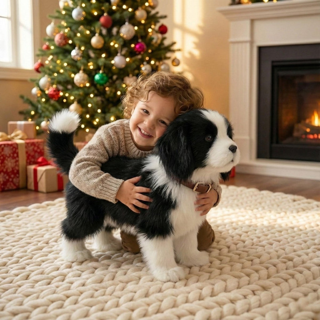Black and white electronic walking and barking toy dog with brown collar
