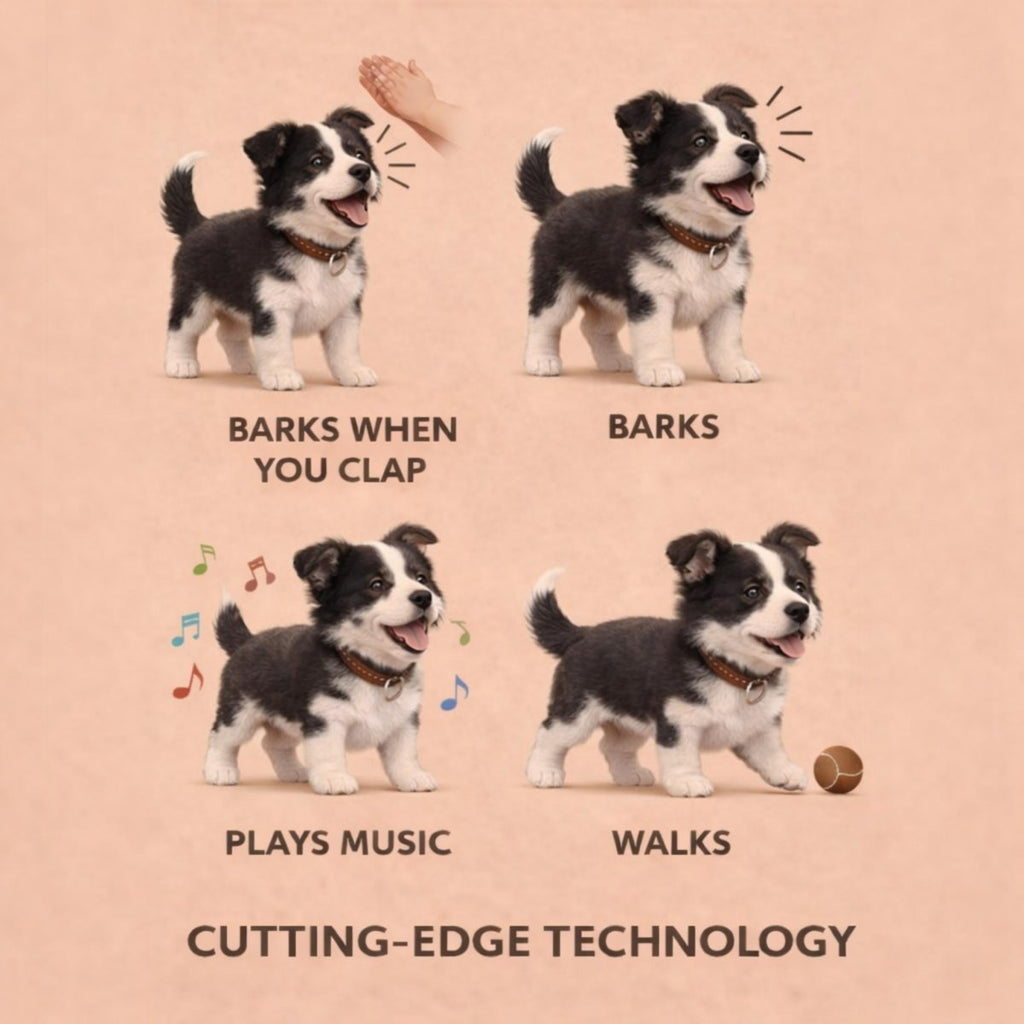 Black and white electronic walking and barking toy dog with brown collar