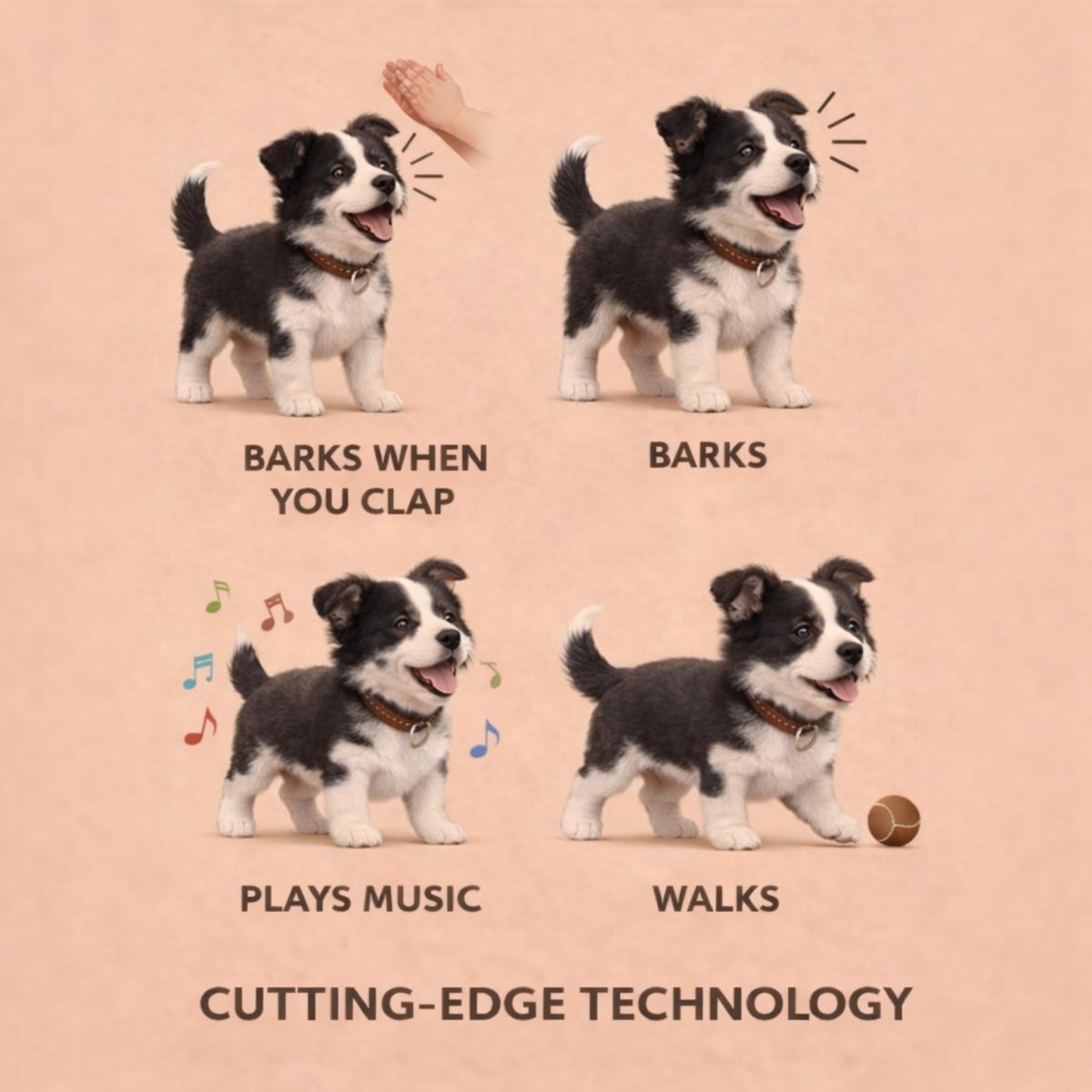 Black and white electronic walking and barking toy dog with brown collar