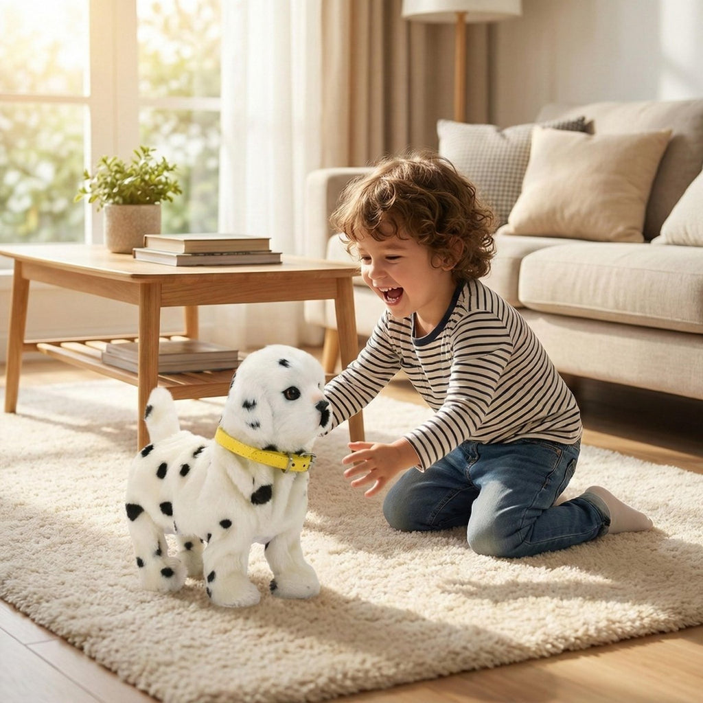 Black and white electronic walking and barking toy dog with brown collar