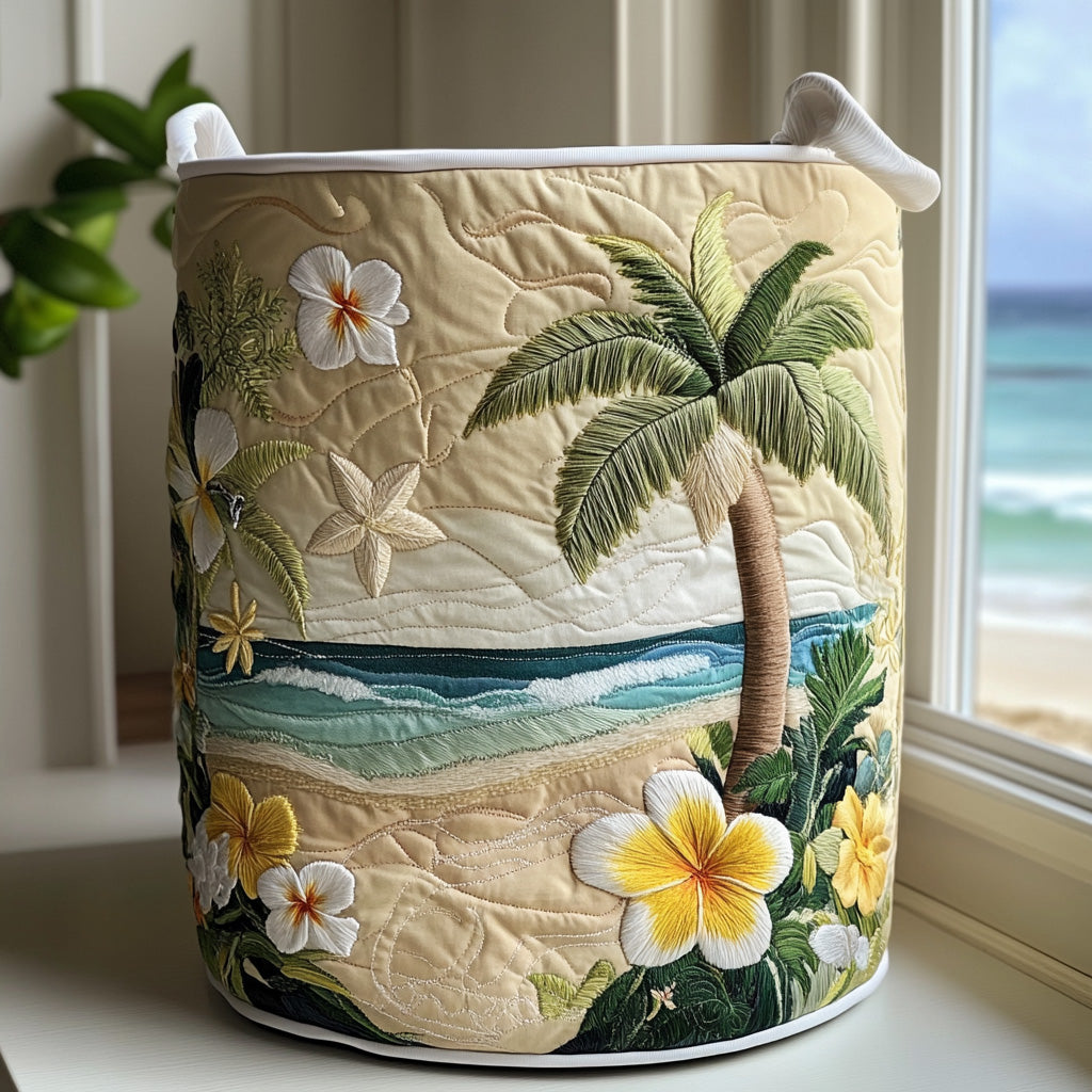 Cream quilted laundry basket with tropical palm, beach and floral design