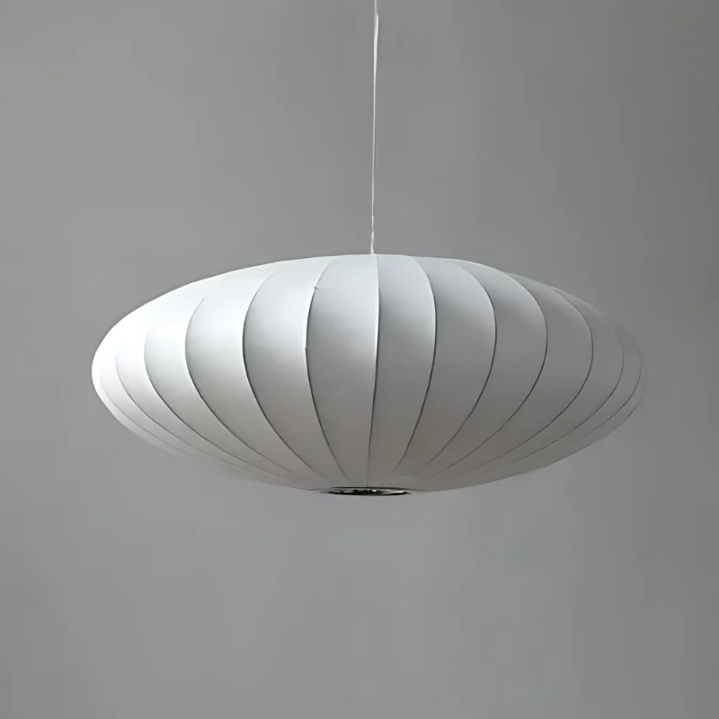 White oval ribbed pendant ceiling light suspended by a white cord