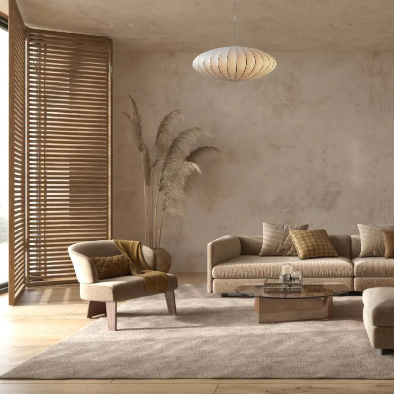 White oval ribbed pendant ceiling light suspended by a white cord