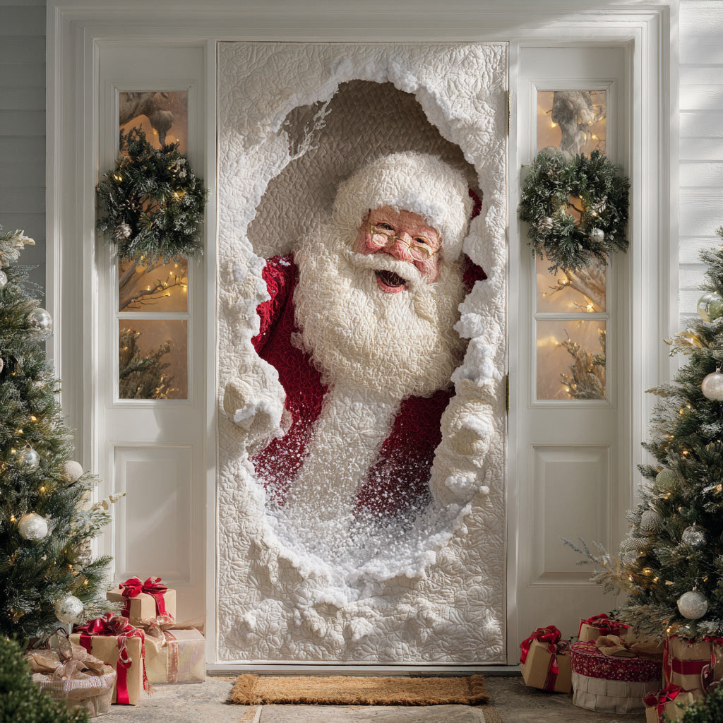 Quilted Christmas door cover with Santa design in white and red