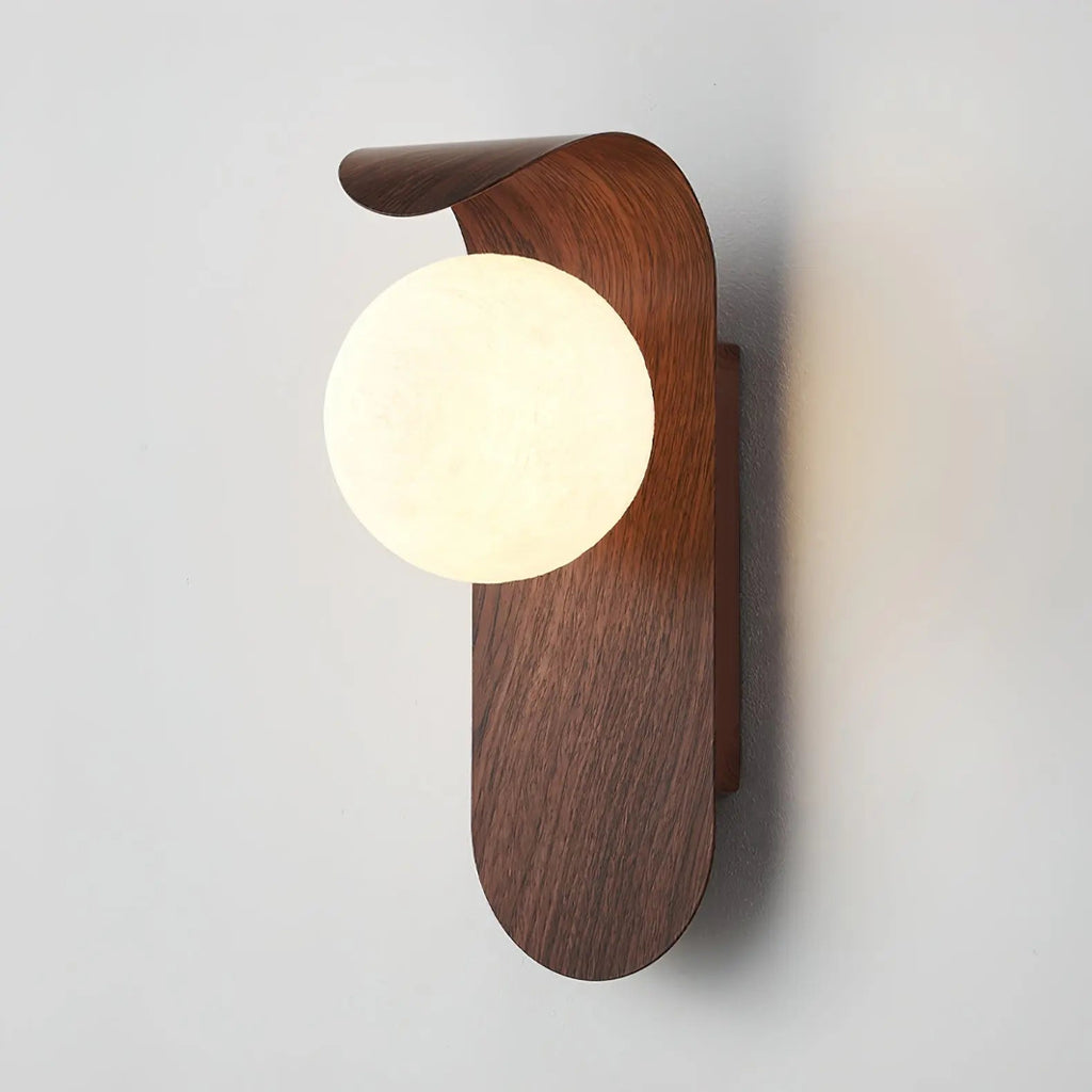 LED wall light with round globe and curved wood-effect panel
