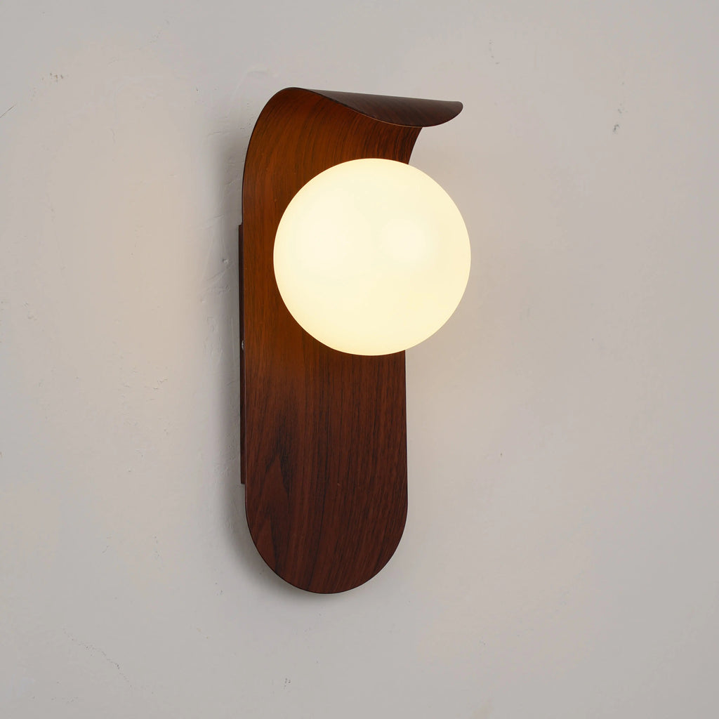 LED wall light with round globe and curved wood-effect panel