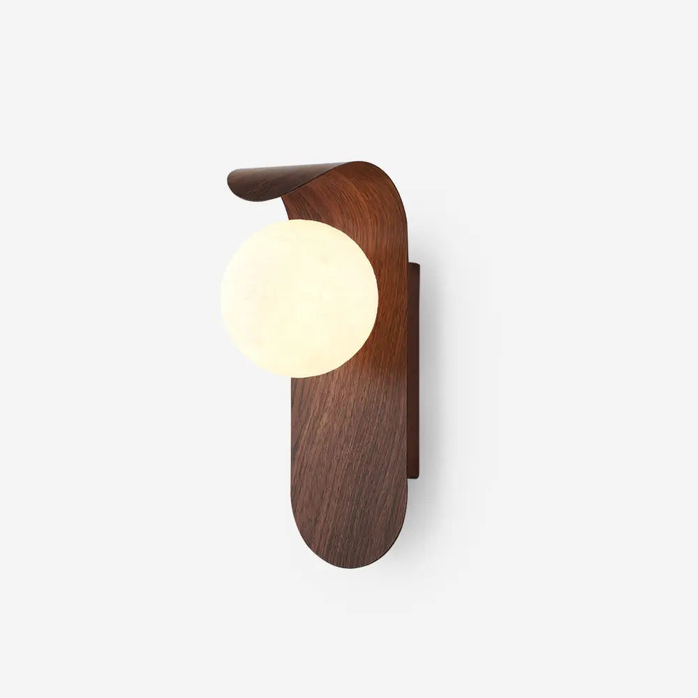 LED wall light with round globe and curved wood-effect panel