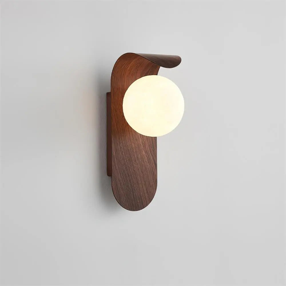 LED wall light with round globe and curved wood-effect panel